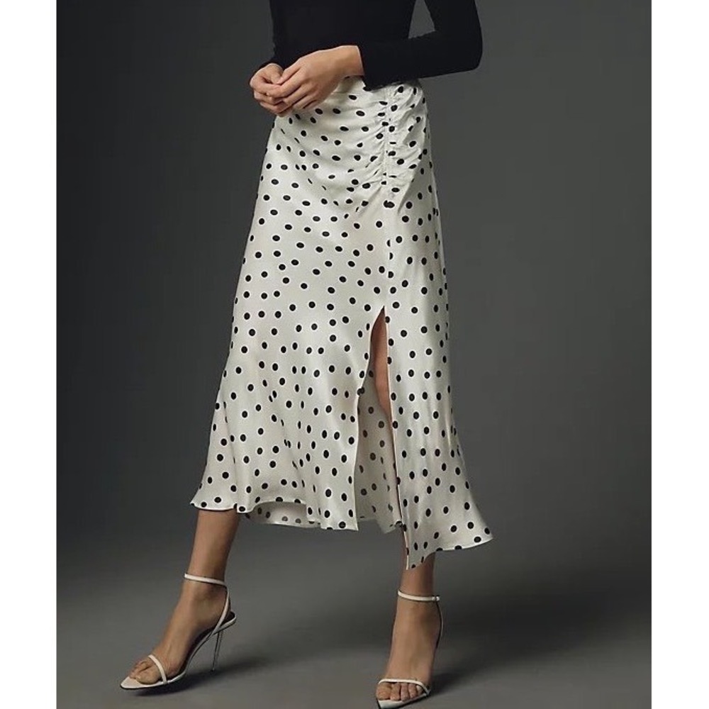 Maeve by Anthro Skirt Women's 2X Mel White Polka Dot Ruched Satin Midi NWT